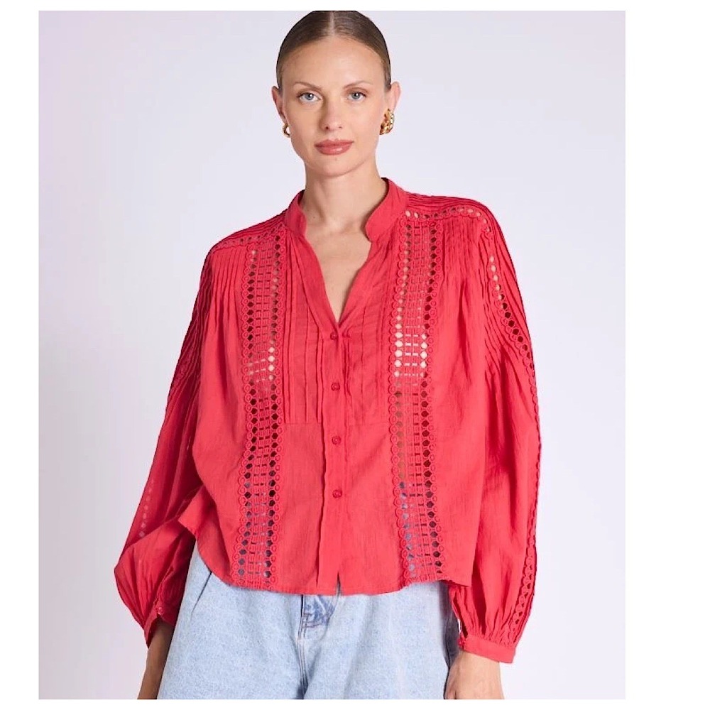 Berenice Celinda Blouse Womens Sz 38 M Coral Eyelet Lace Pintuck Cotton